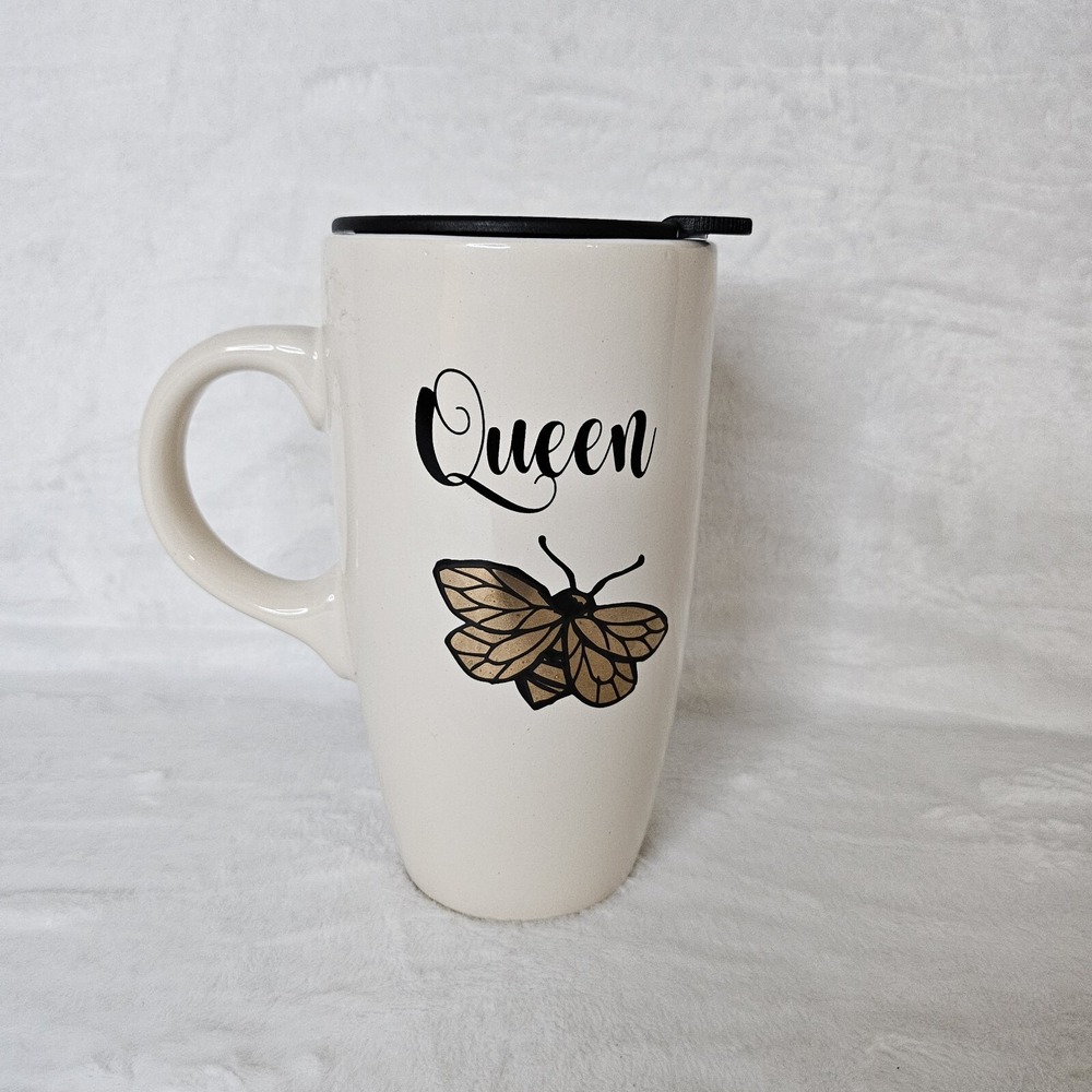 Queen Bee Travel Mug Handle Ceramic Tall Extra Large Hot Cold Coffee Tea Ivory